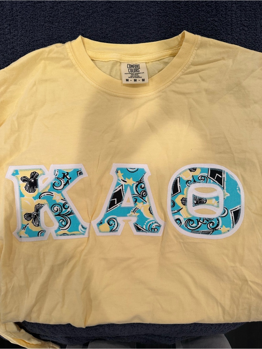 Comfort Colors Yellow KAO Appliqué Tee with Blue Lily Pulitzer Pattern